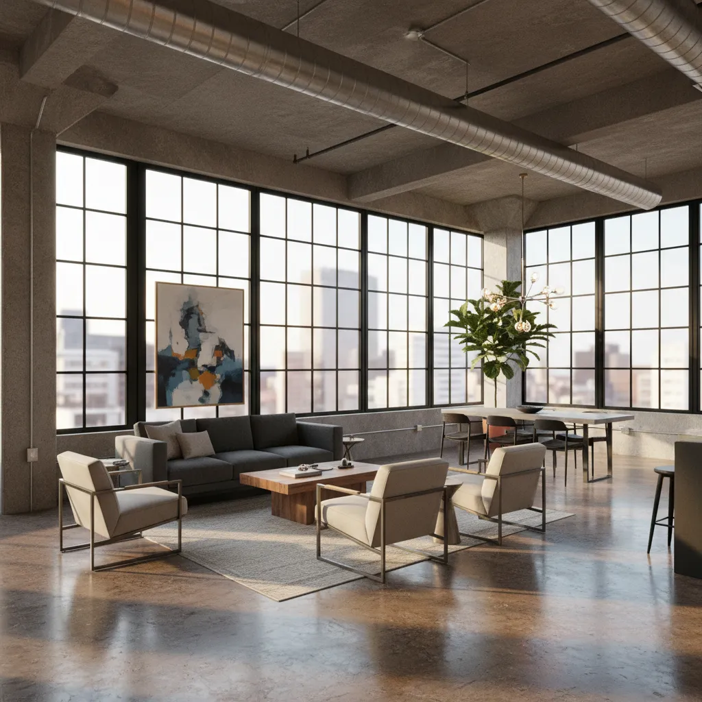 Loft moderno con piso de cemento decorativo y grandes ventanales