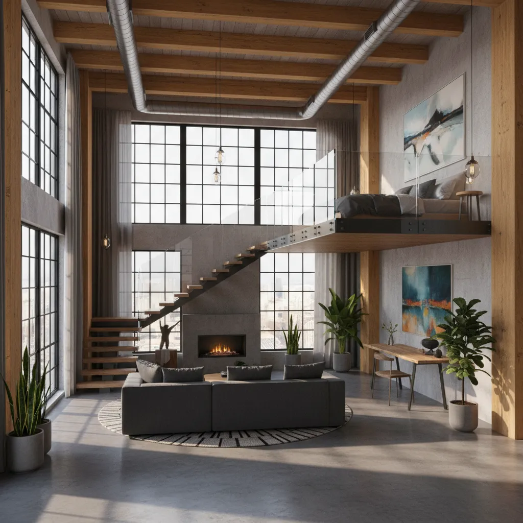 Interior tipo loft con espacio abierto de doble altura