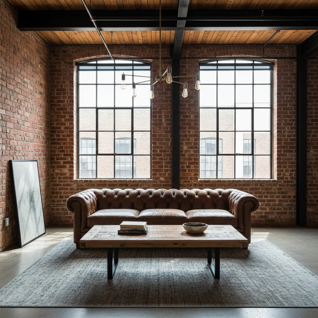 Industrial loft with red brick walls brown leather sofa wooden coffee table and large windows