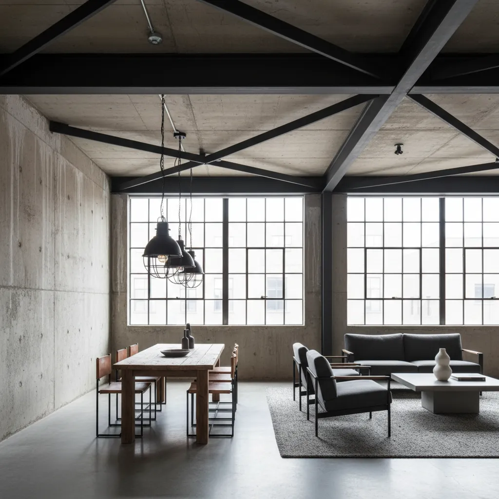 Loft industrial con paredes de hormigón y estructura metálica visible
