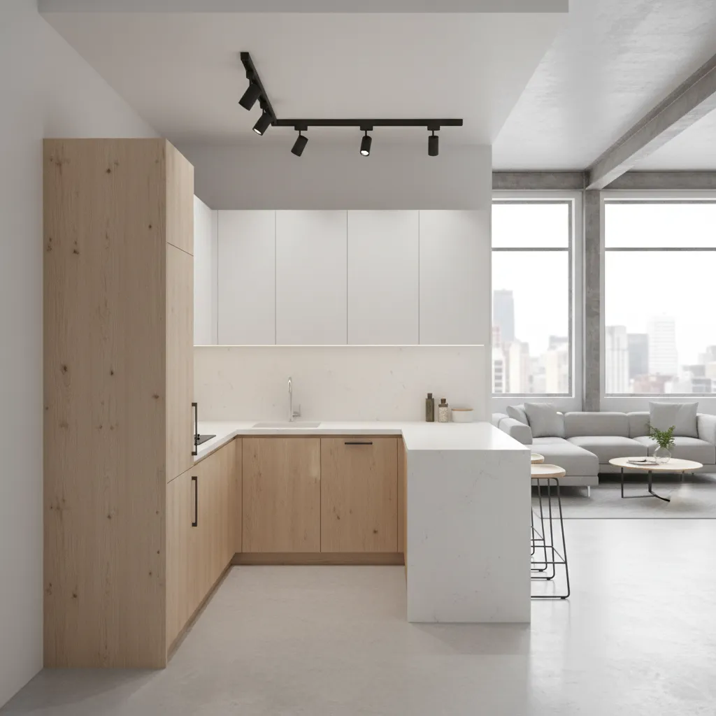 L shaped layout small loft kitchen with peninsula counter