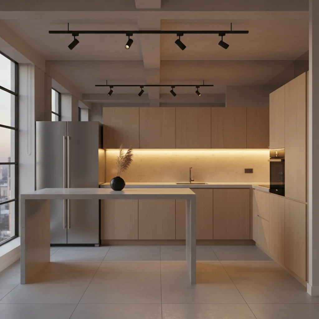 Small loft kitchen with track lighting and under cabinet lighting