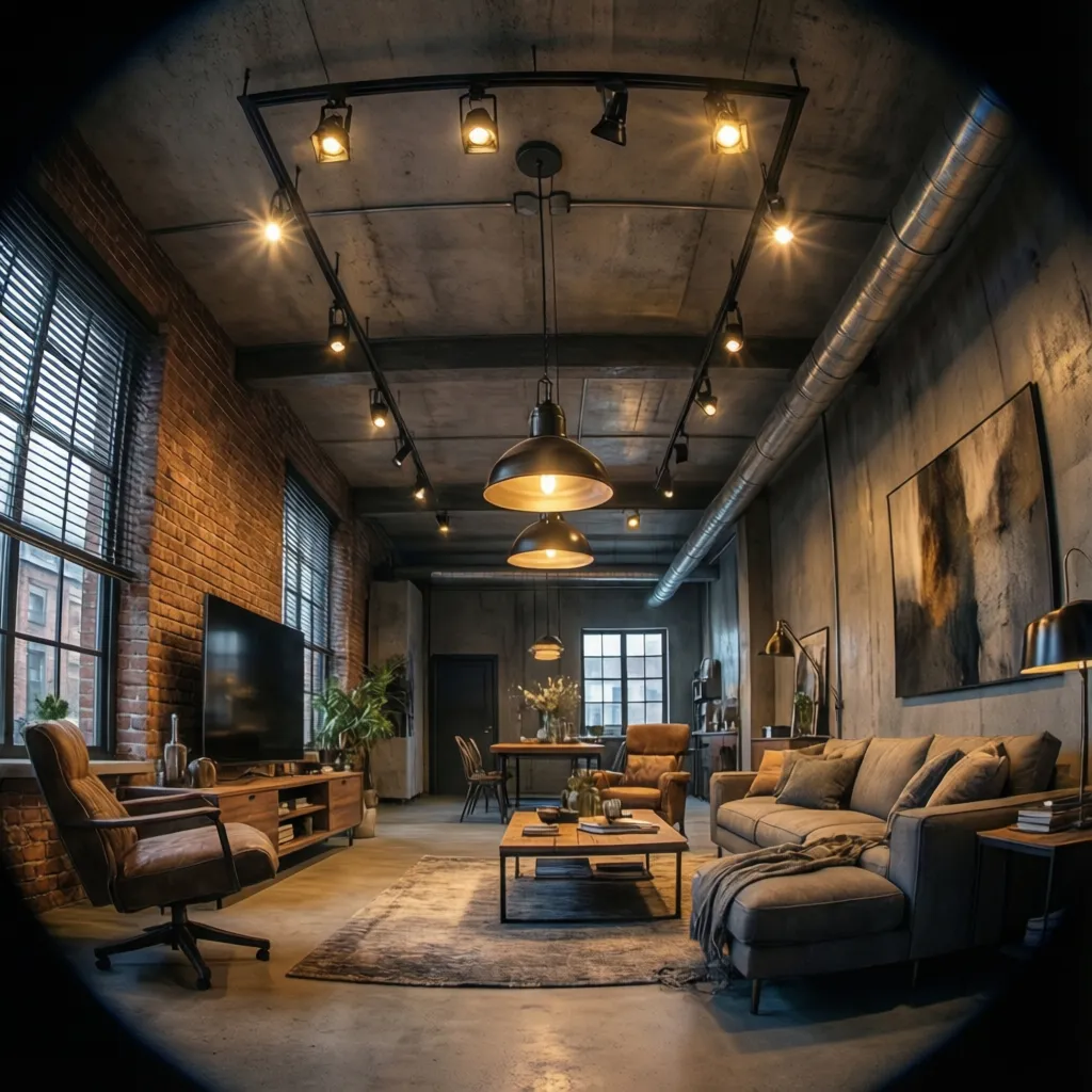 Iluminación en un loft con lámparas industriales y focos de riel