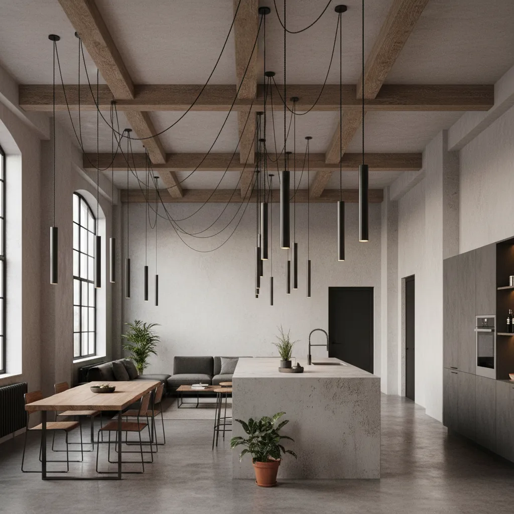 Iluminación colgante larga en loft con techo alto