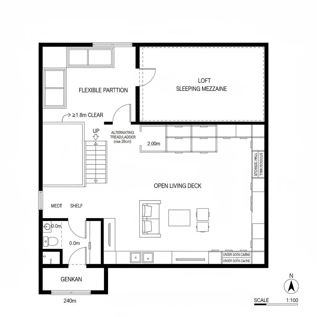 Top-down CAD plan of modular living deck with dashed outline of lofted sleeping mezzanine