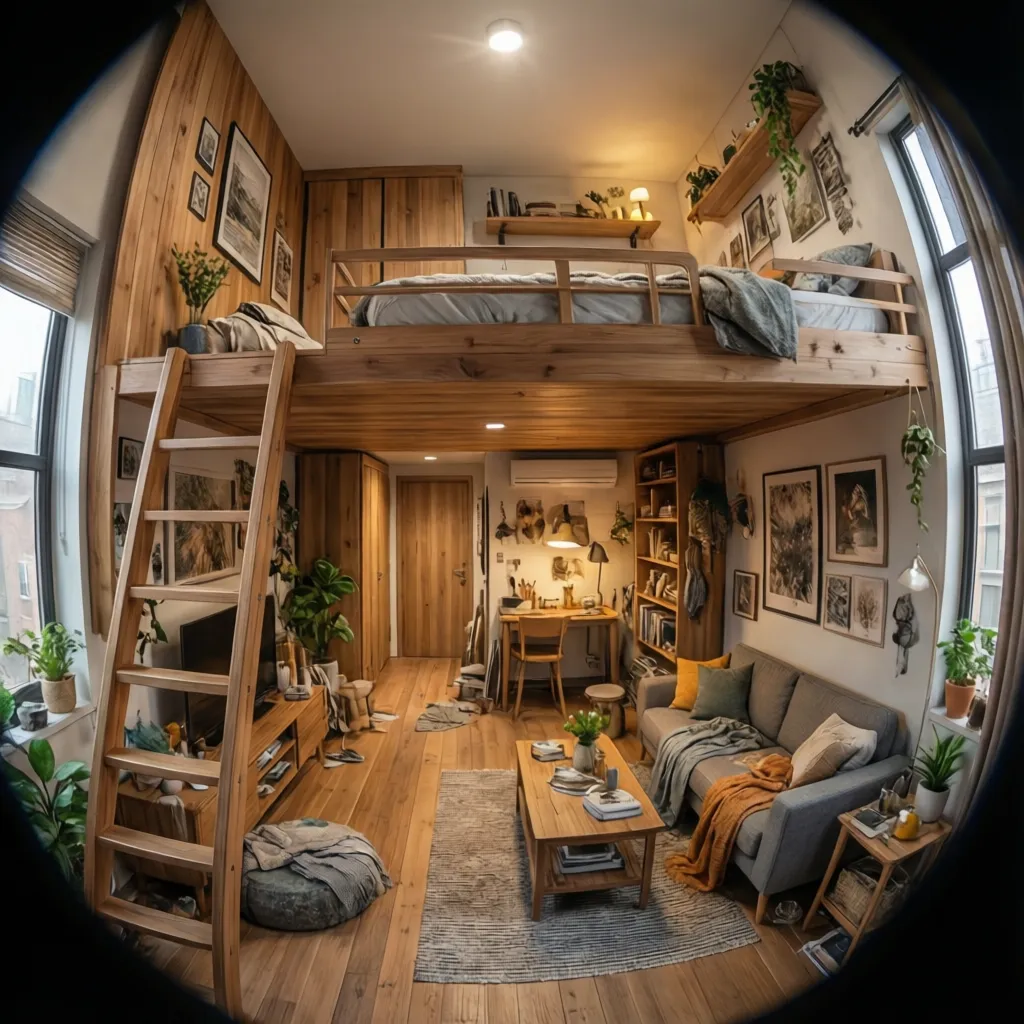 loft layout in a small apartment with raised bed platform above living area
