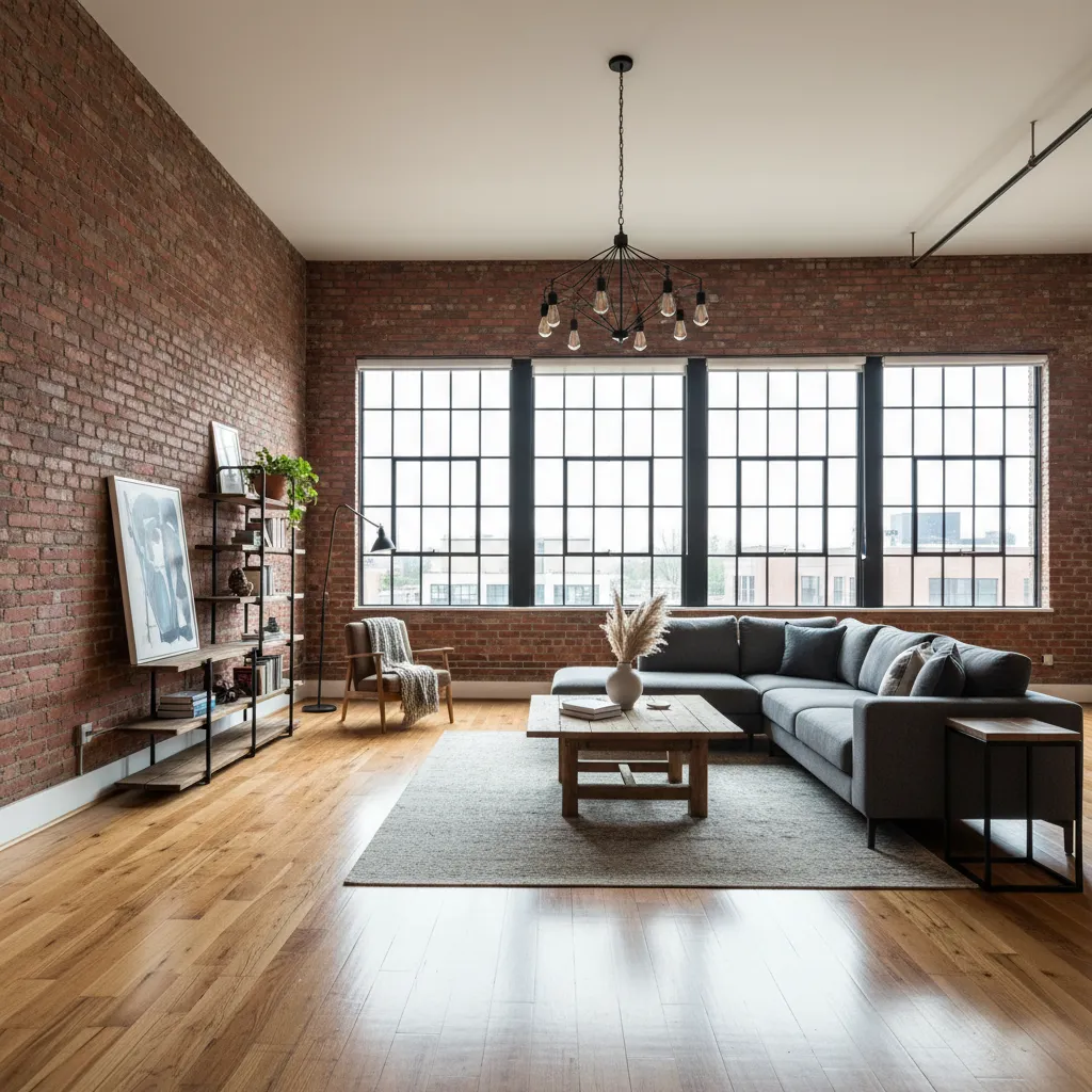 Sala de estar en loft con ladrillo visto y grandes ventanales