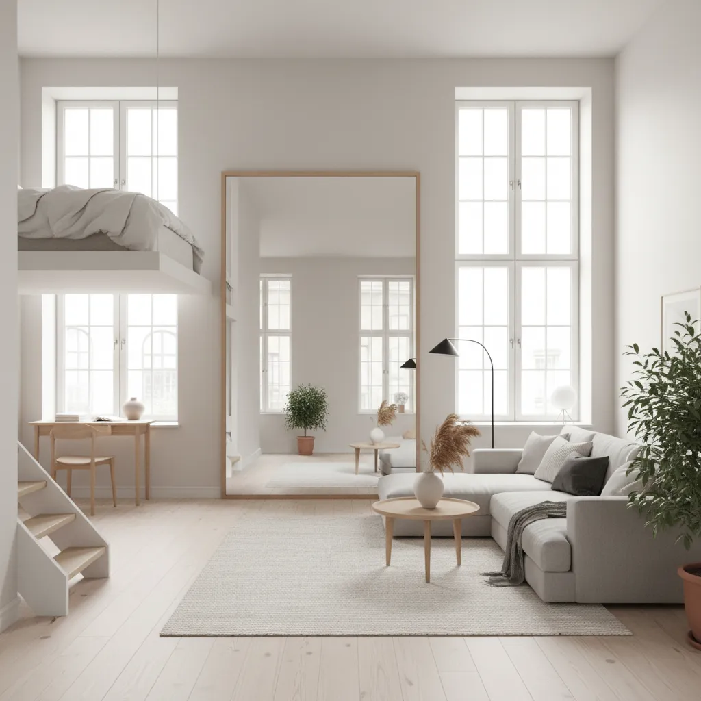 Loft pequeño que parece amplio gracias a colores claros y espejos