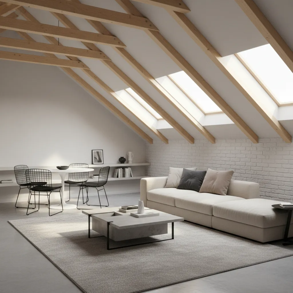 Loft interior showing furniture placement strategy along sloped attic walls