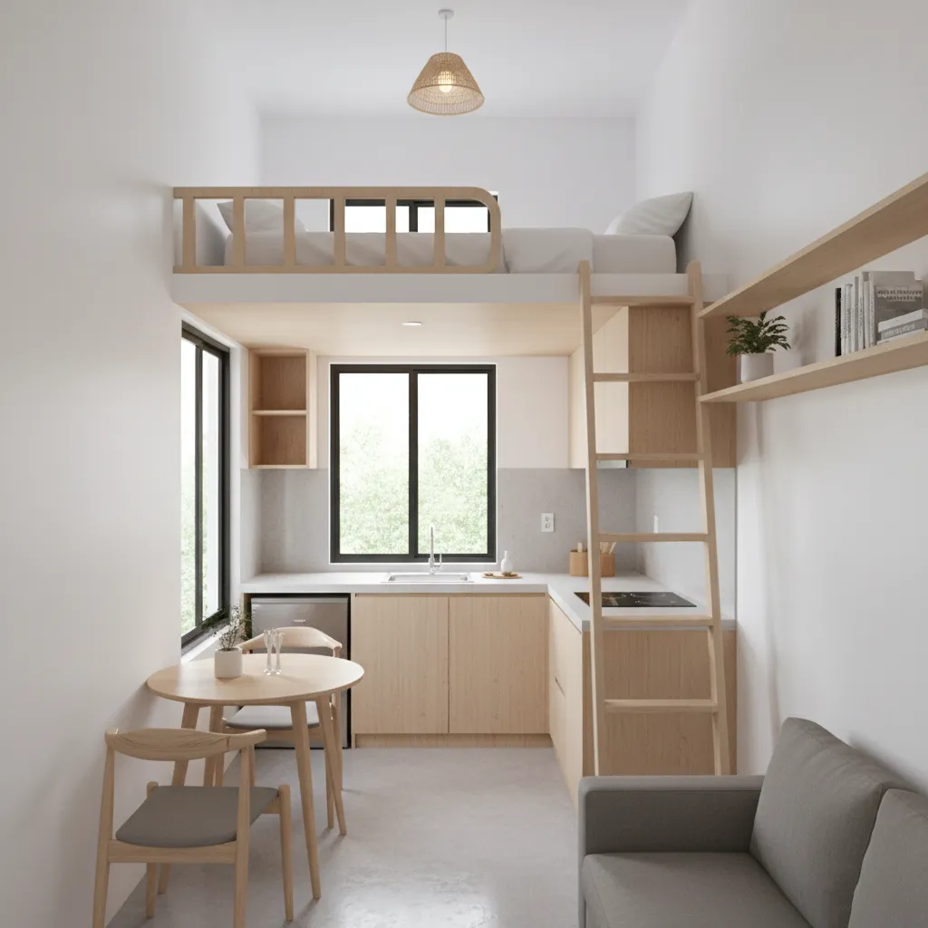Small loft apartment design with wooden bed ladder kitchen dining table and a grey sofa