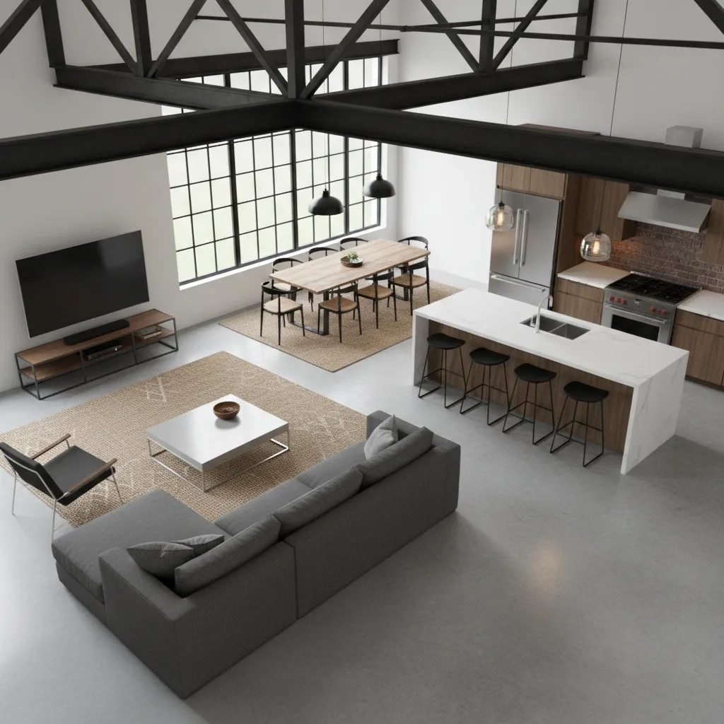 modern loft furniture arrangement defining living dining zones