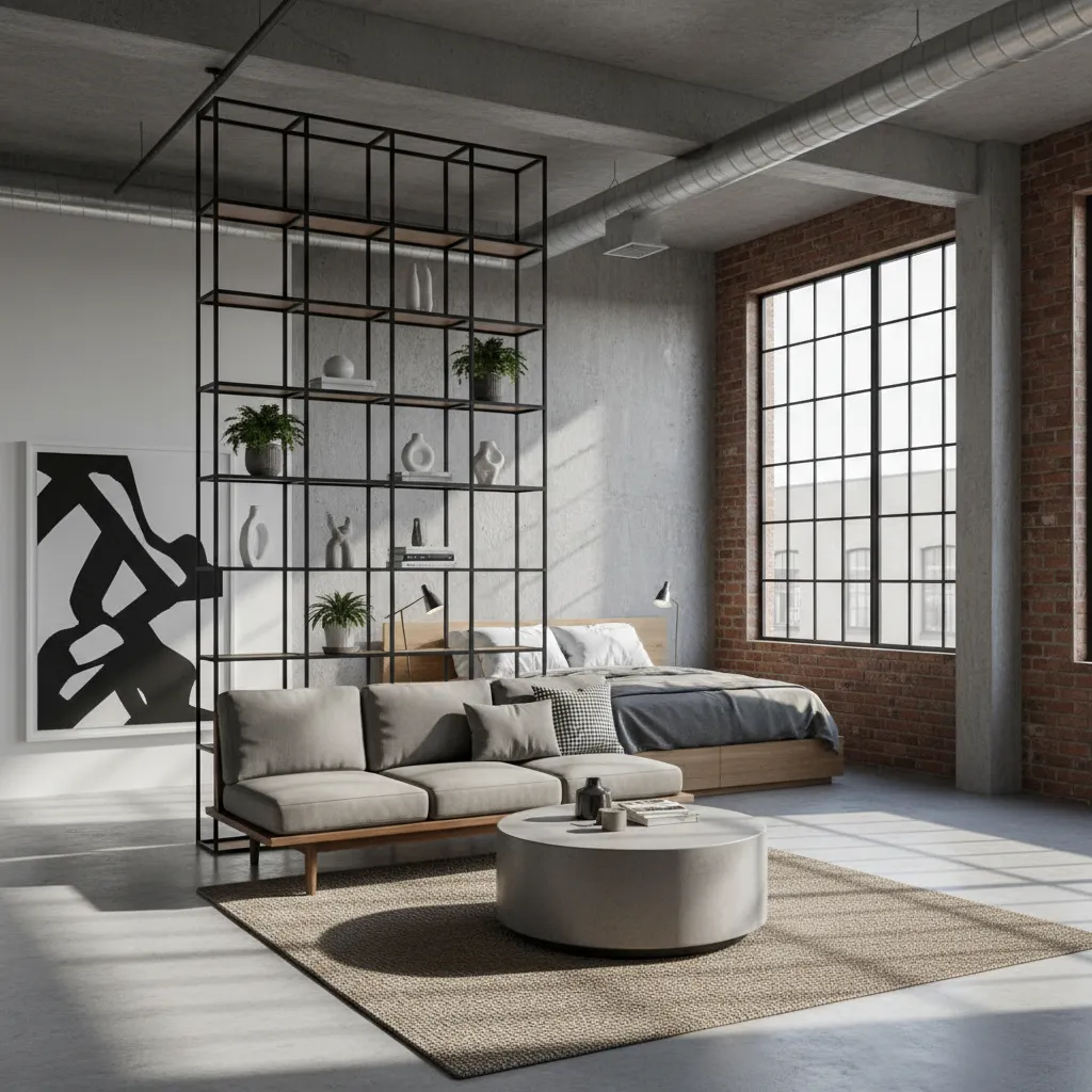 Estantería abierta separando áreas en un loft