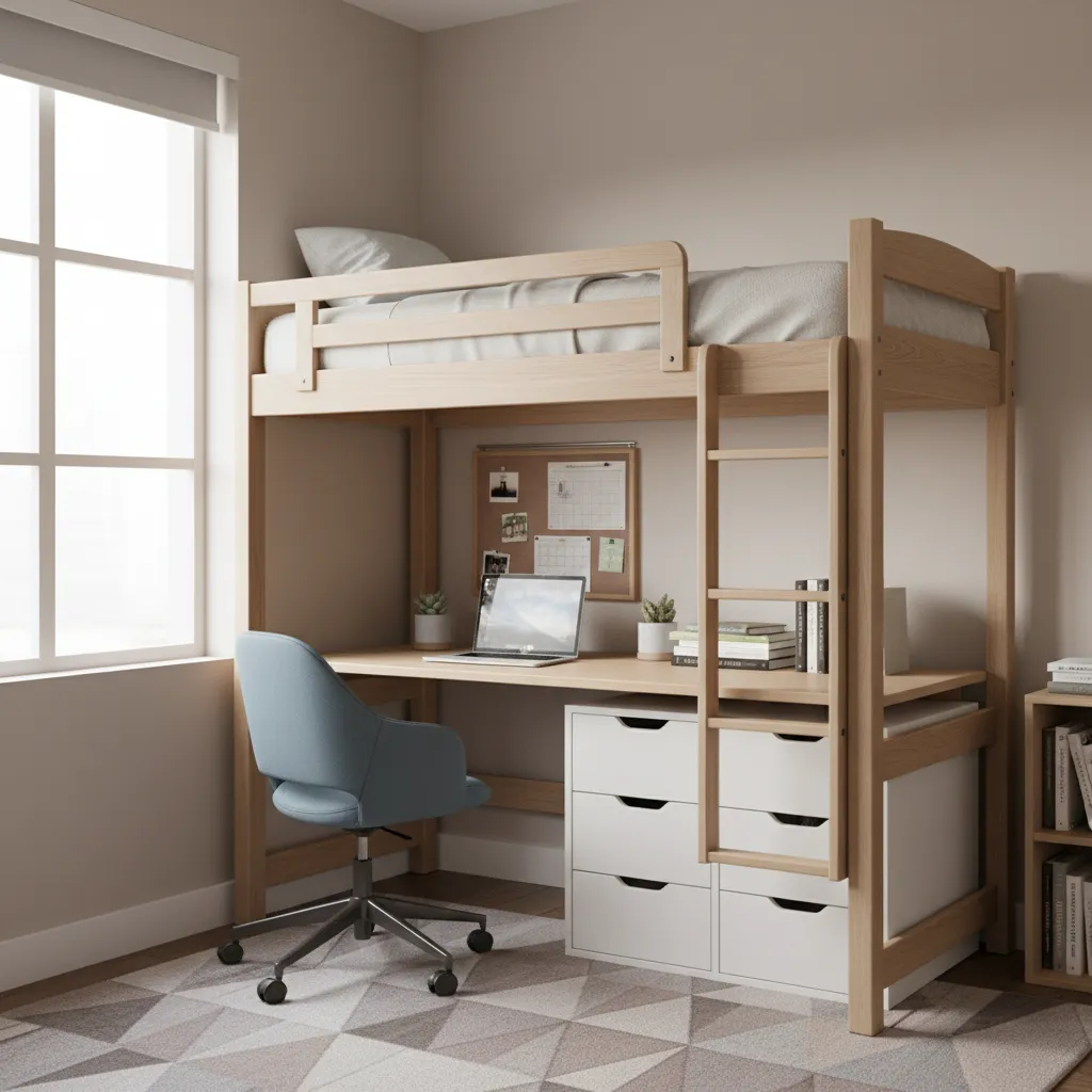 College dorm room with lofted bed and desk underneath maximizing space