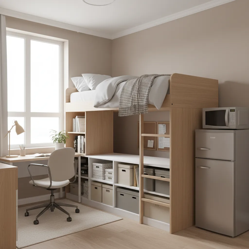 College dorm bed lofted with storage bins and mini fridge underneath