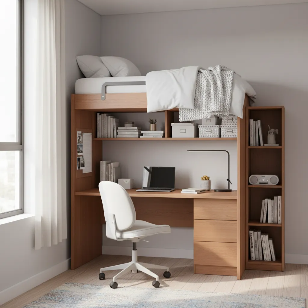 Lofted dorm bed with study desk underneath maximizing small room space