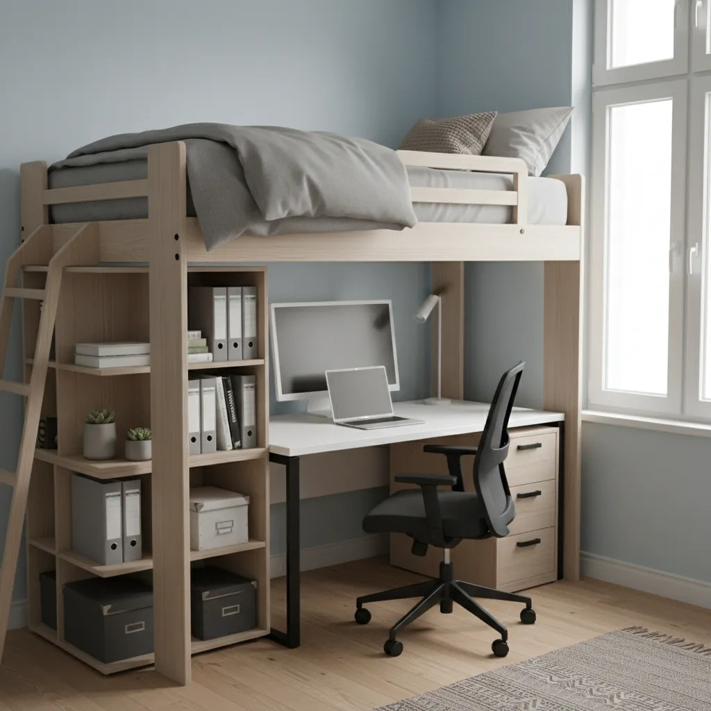 lofted dorm bed with desk and storage underneath