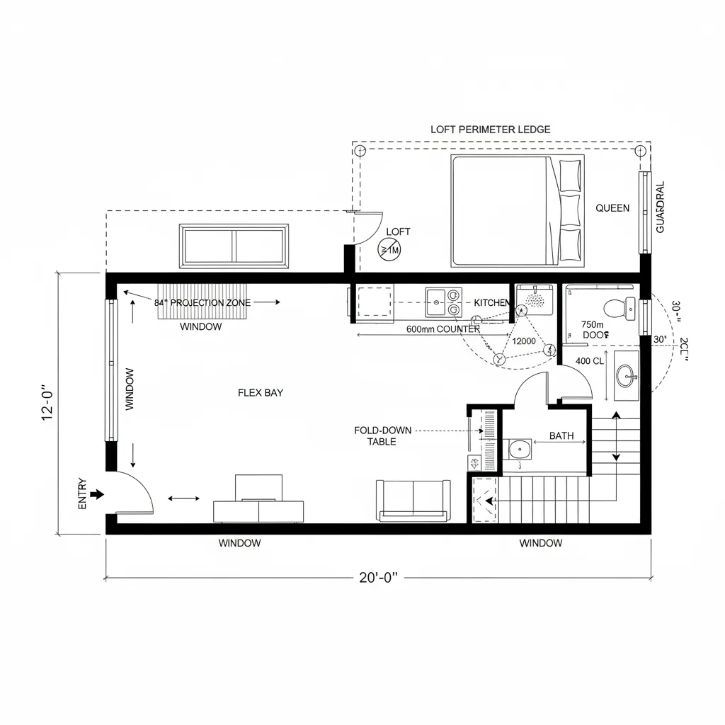 Floor plan interior design drawing showing a small apartment with kitchen bath and loft bed