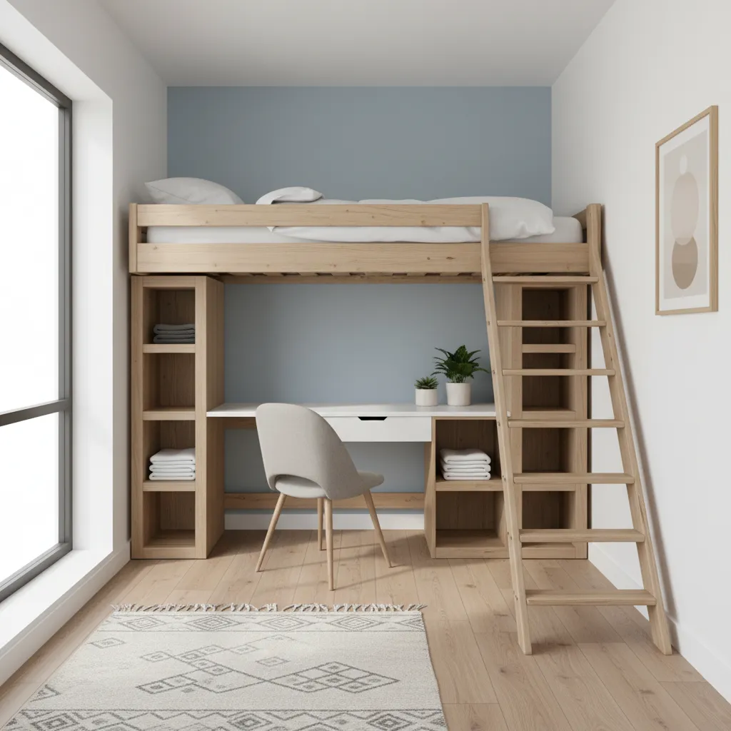 Compact bedroom with lofted twin bed above desk and storage underneath
