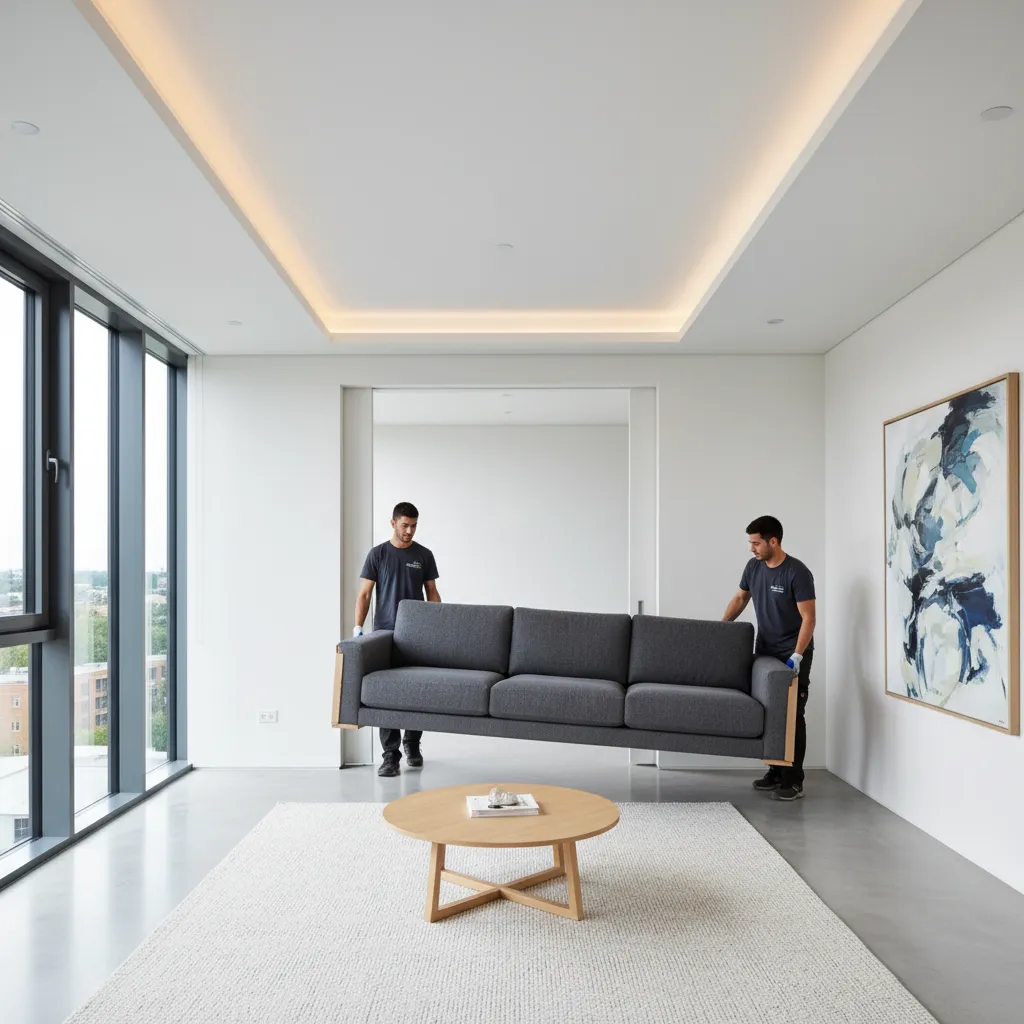 Two men carrying grey sofa into modern white room with rug and round wooden table