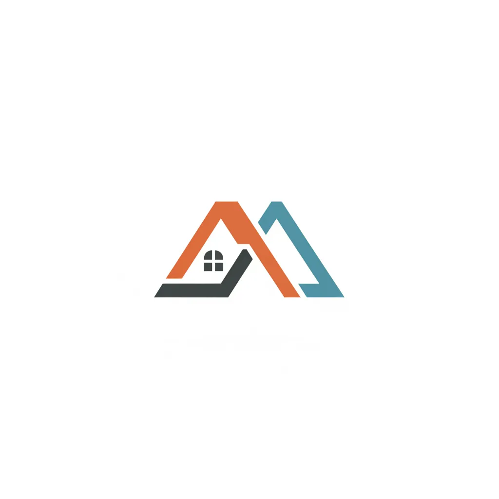 Minimalist geometric house logo with orange and blue roof lines on a plain white background