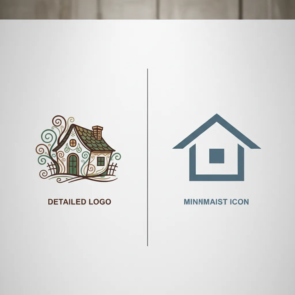 Side by side comparison of detailed house logo and simple minimalist house icon on white