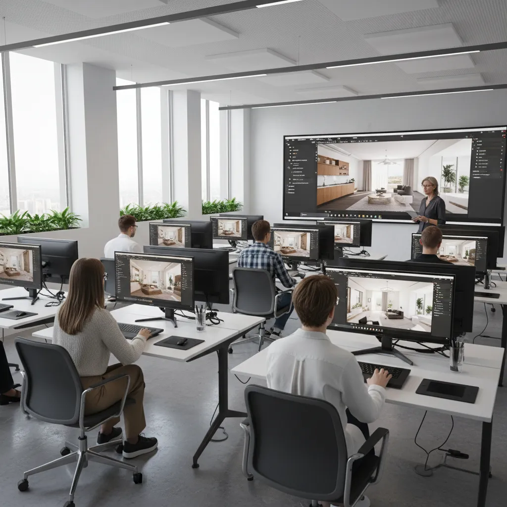 Clase de diseño interior con estudiantes trabajando en ordenadores