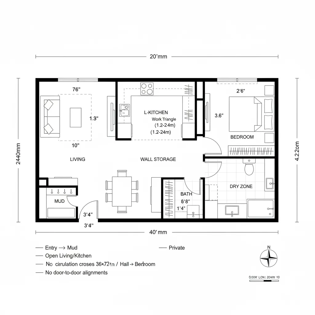 Top-down CAD plan of 20×40 one-bedroom with front social zone and rear bedroom
