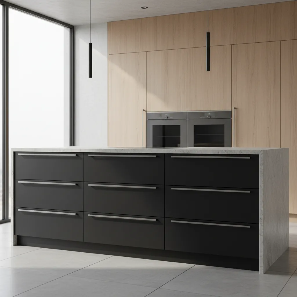 modern kitchen drawers with long black bar pulls