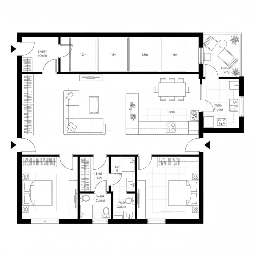 2D CAD plan of 3BHK long living bay with dual balconies and zoned wings