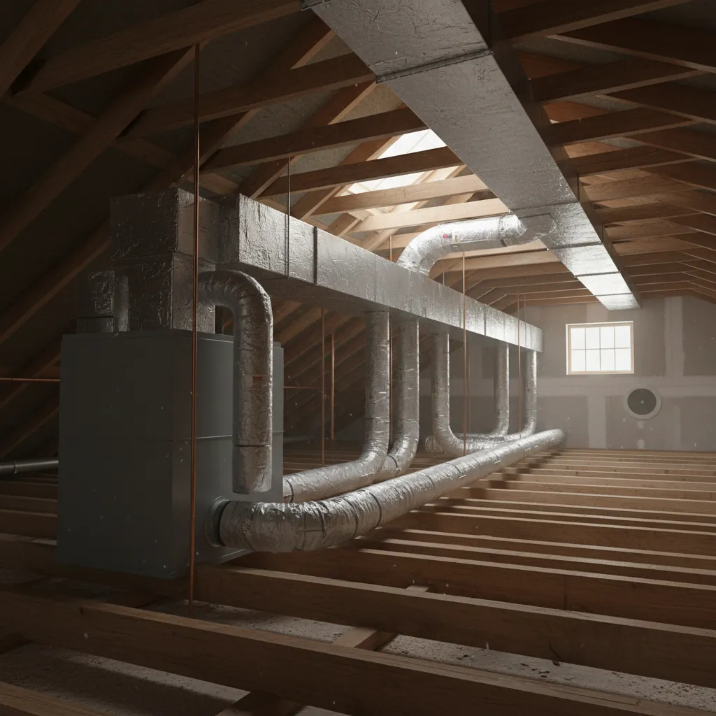 Long residential HVAC duct run across attic showing airflow pressure loss concept