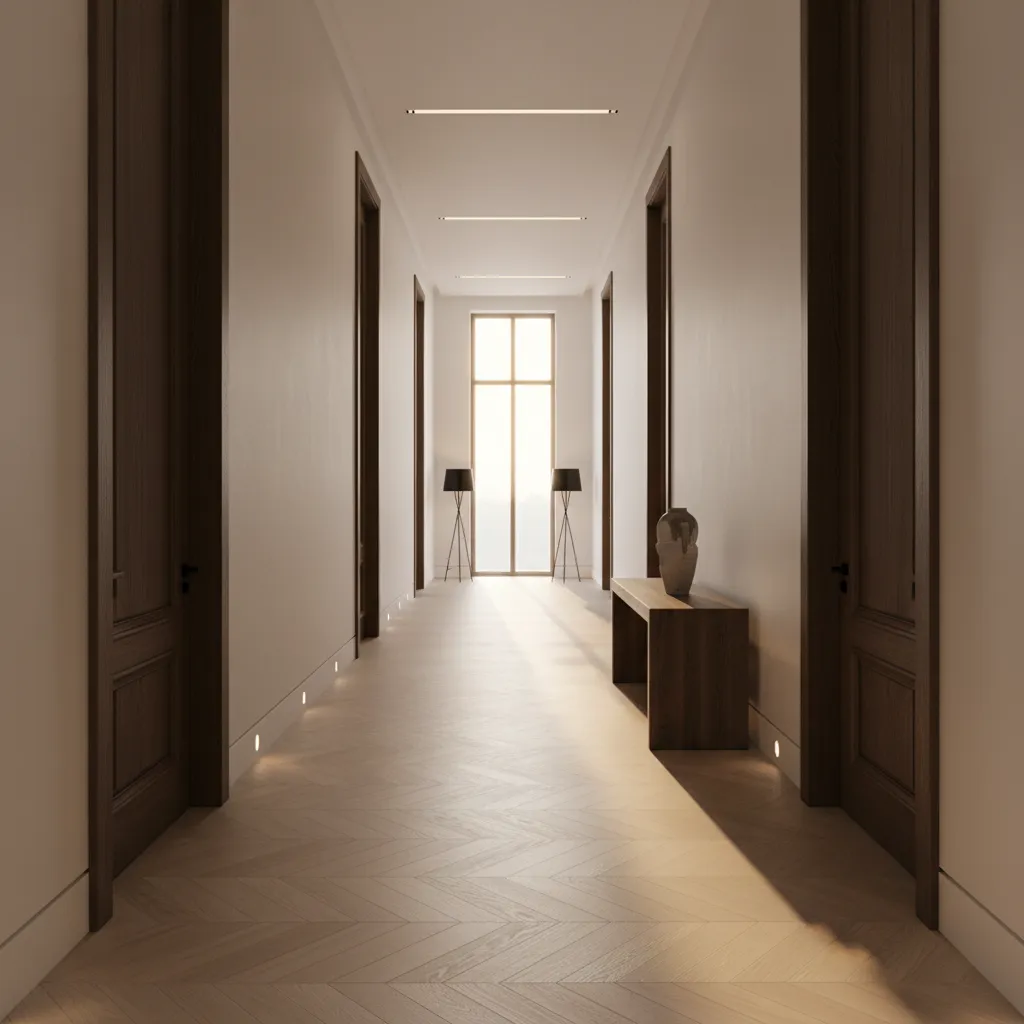 Long corridor in a large luxury home showing inefficient hallway space