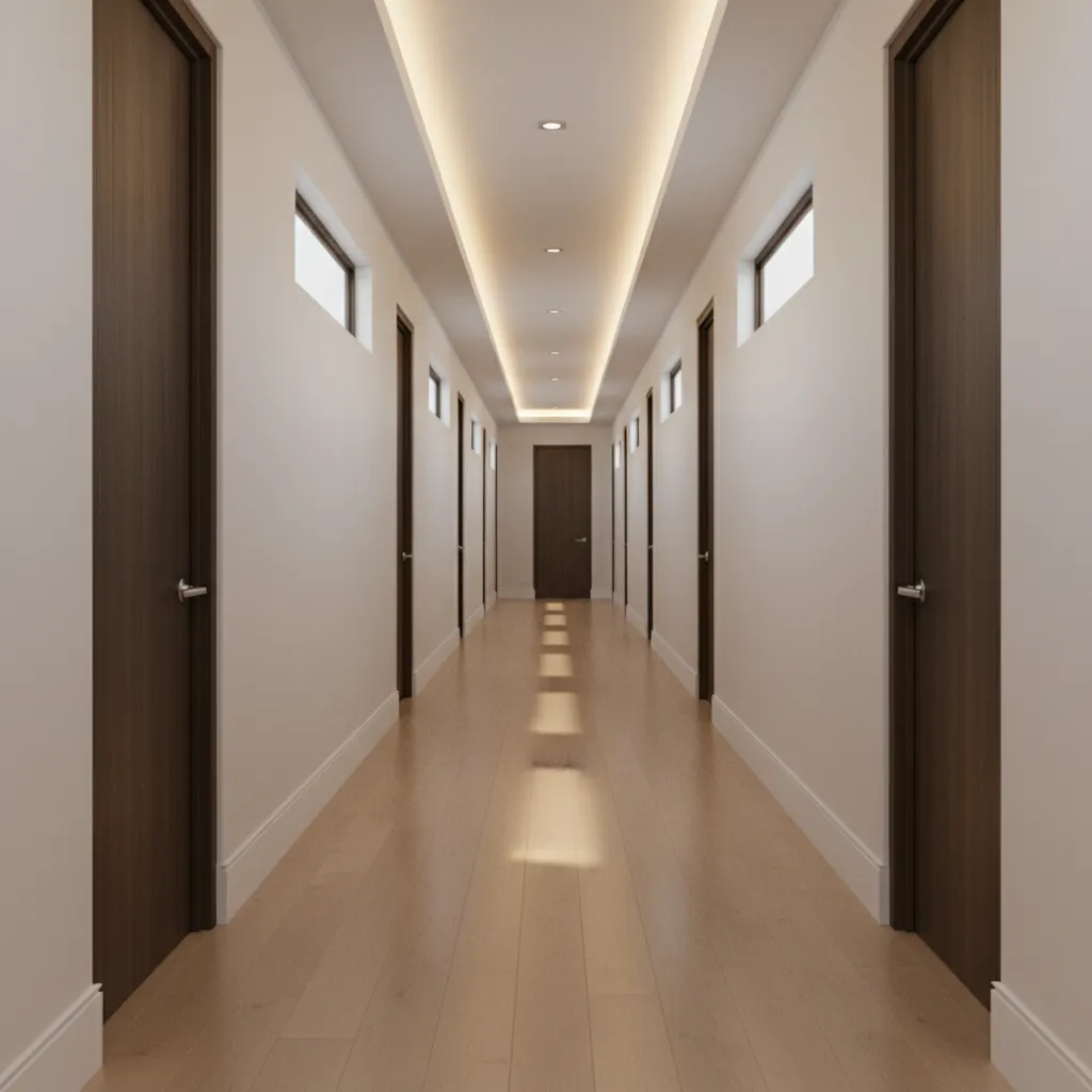 long hallway inside a large ranch house showing inefficient circulation space