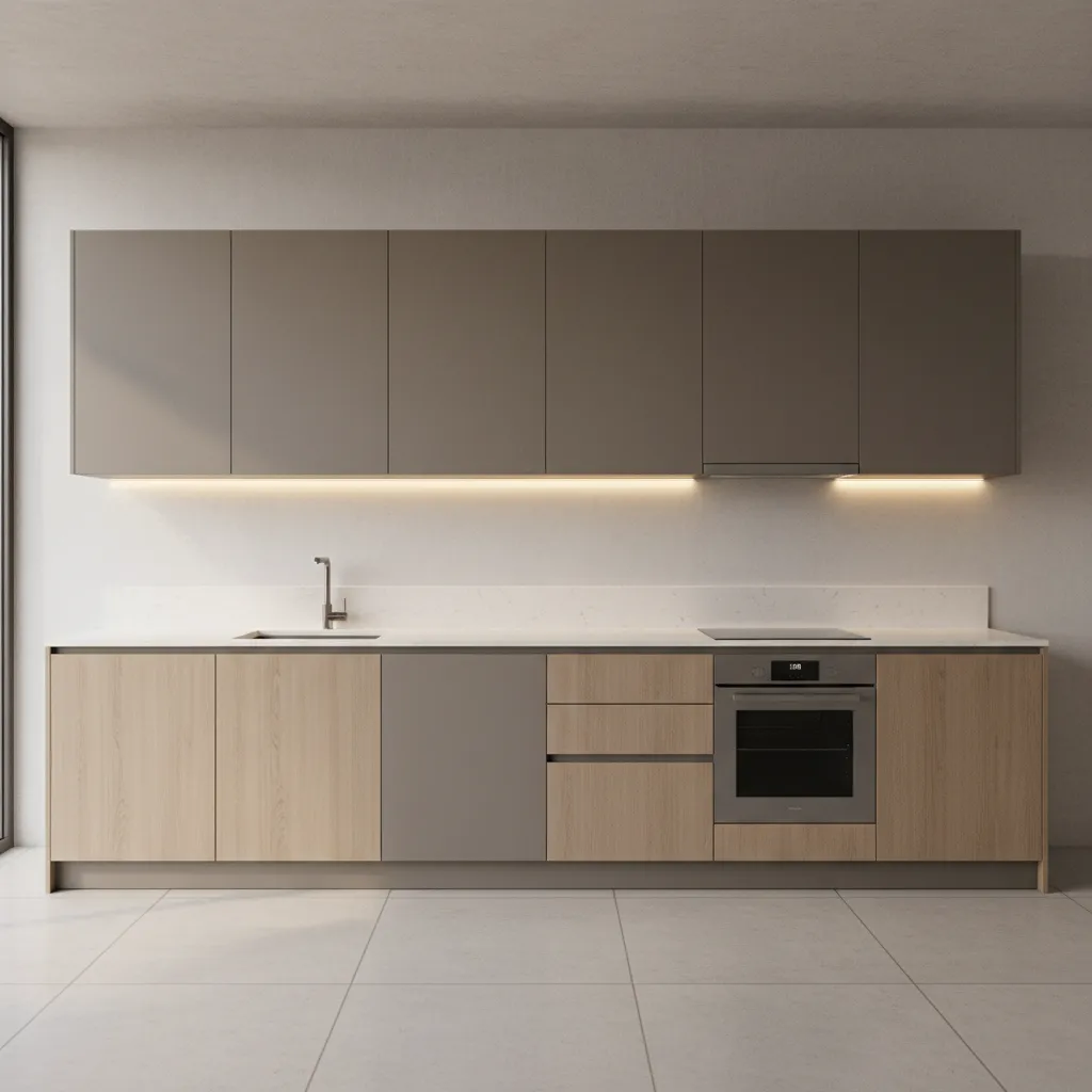 Continuous cabinet wall layout in a long rectangular kitchen