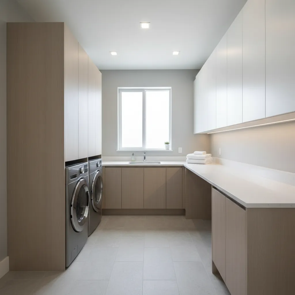 Extended laundry room countertop supported by cabinets and wall brackets