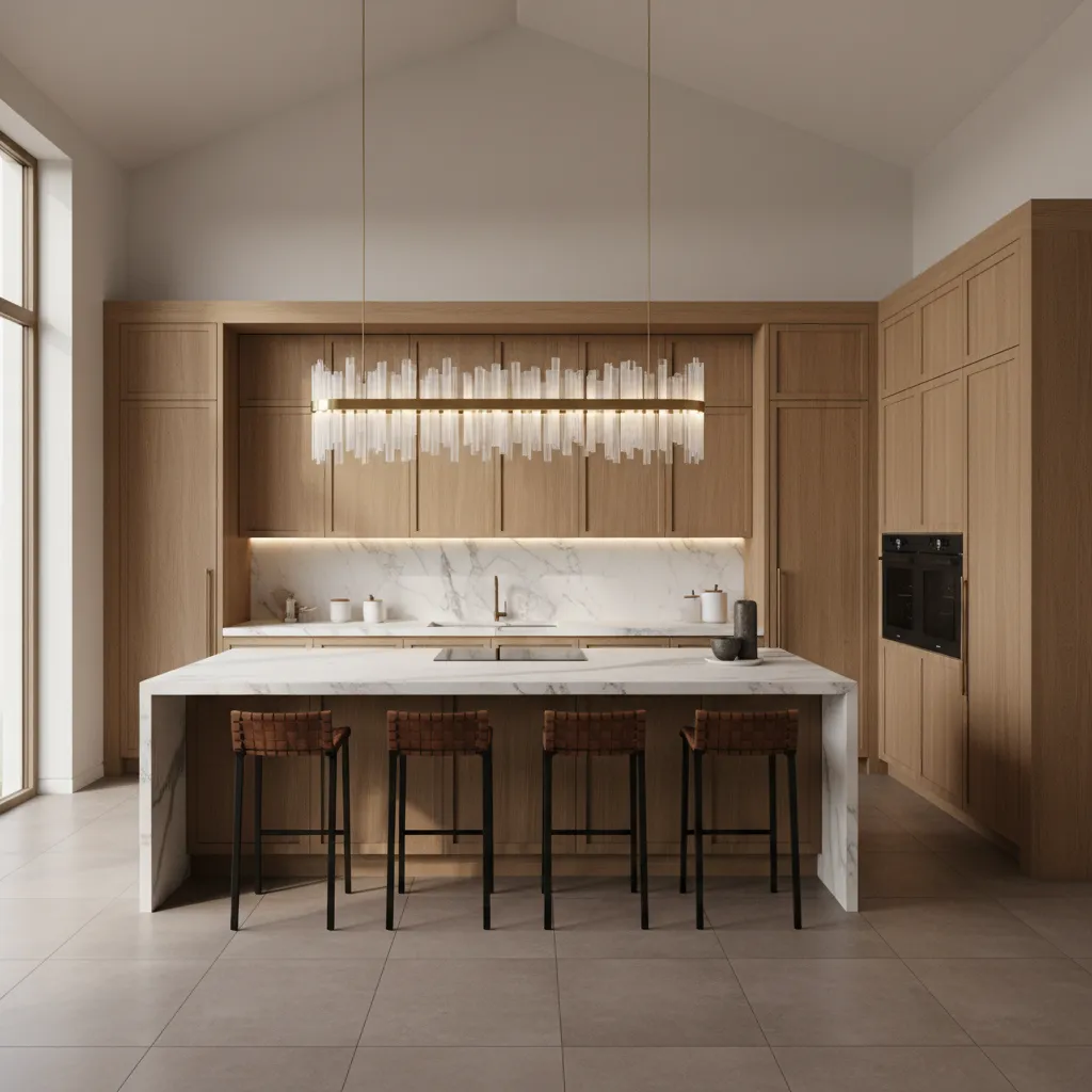 Long linear kitchen island light demonstrating proportional height