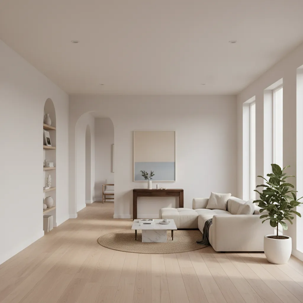 long narrow living room with an archway connecting two areas