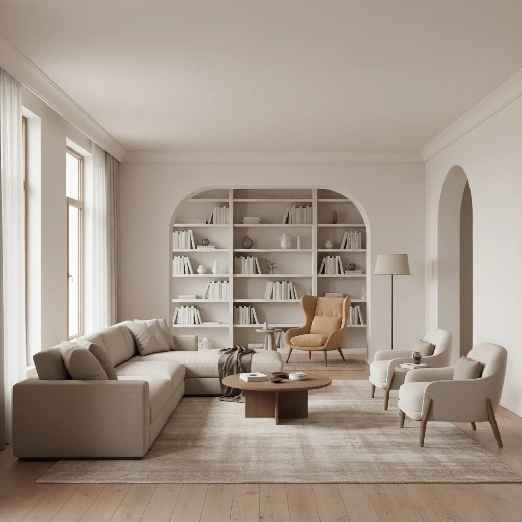 Long living room divided into two zones by an interior archway