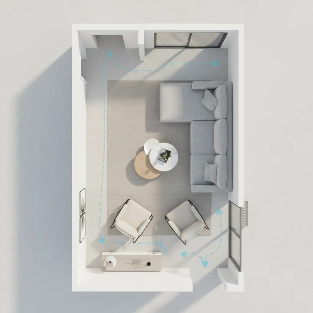 Top view furniture layout showing circulation paths in a narrow living room