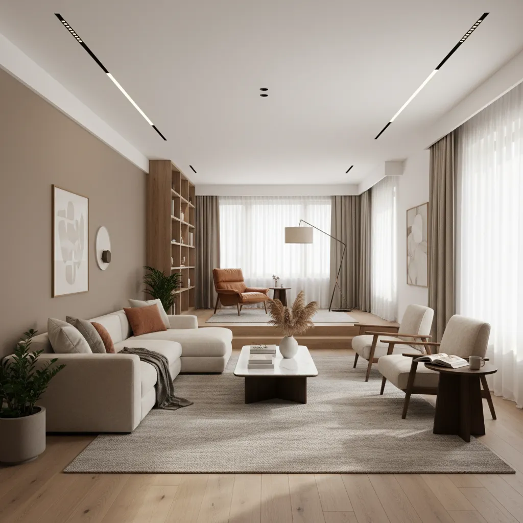 Large rectangular living room divided into seating area and reading nook zones