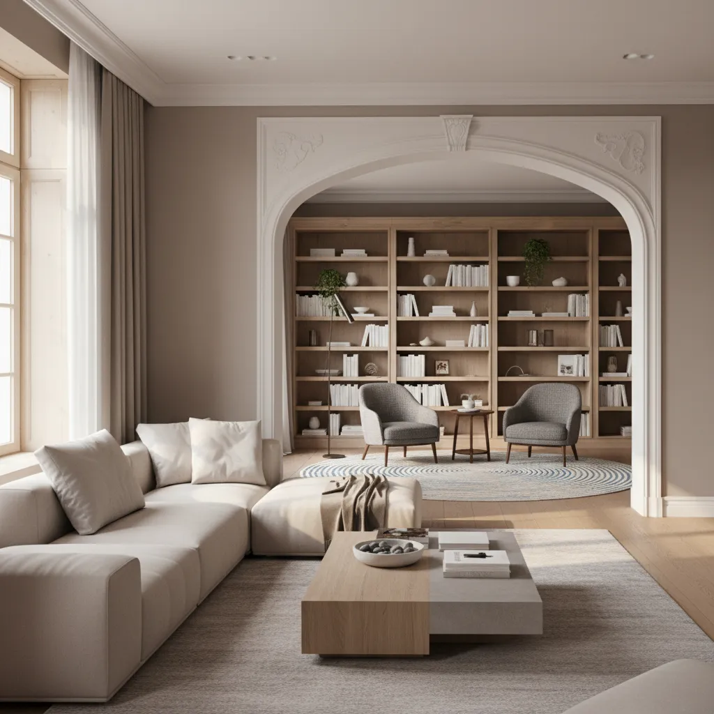 two zone layout in a long living room divided by an archway