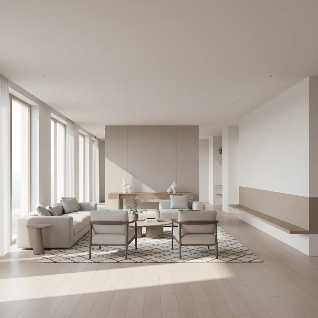 Rectangular living room showing a clear side walkway path