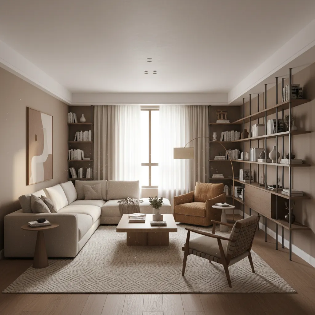 Long rectangular living room divided into seating and reading zones