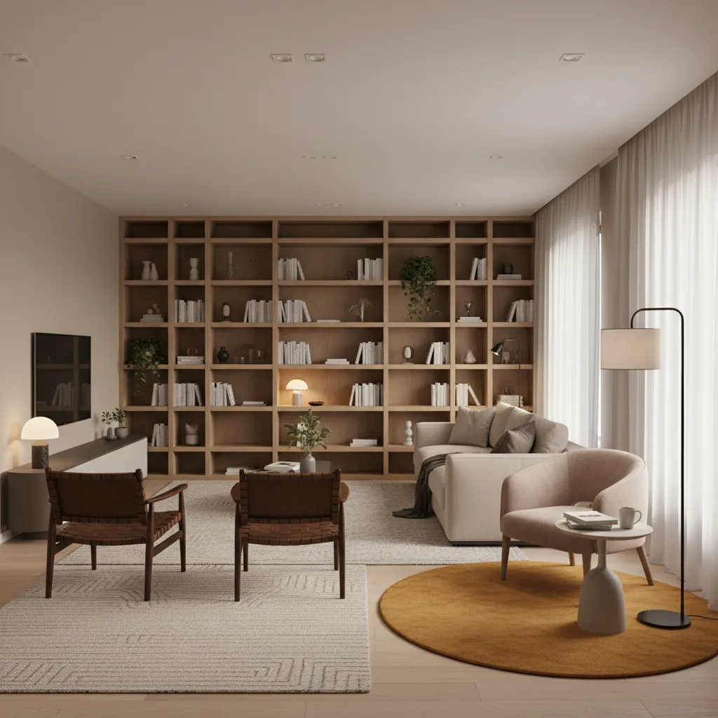 rectangular living room divided into two functional zones with rugs
