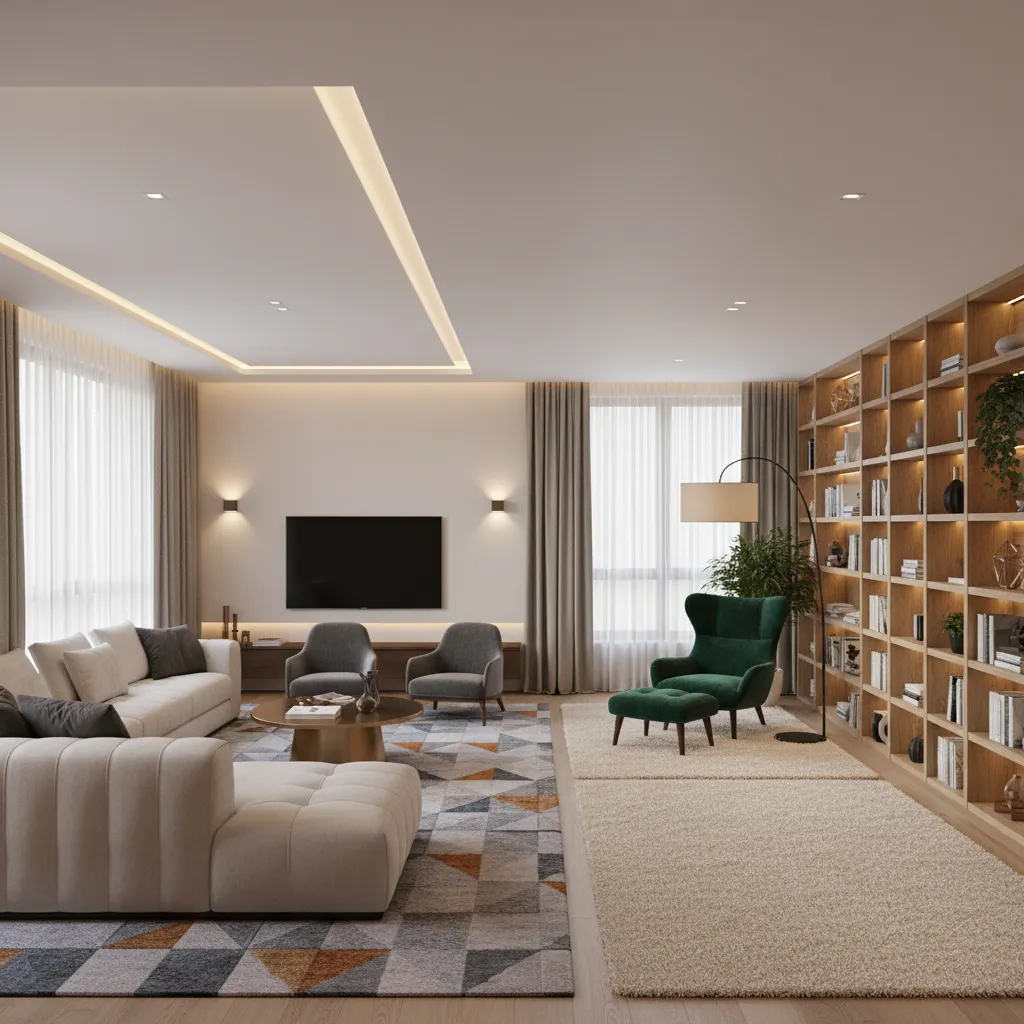 long living room divided into two zones using rugs and lighting