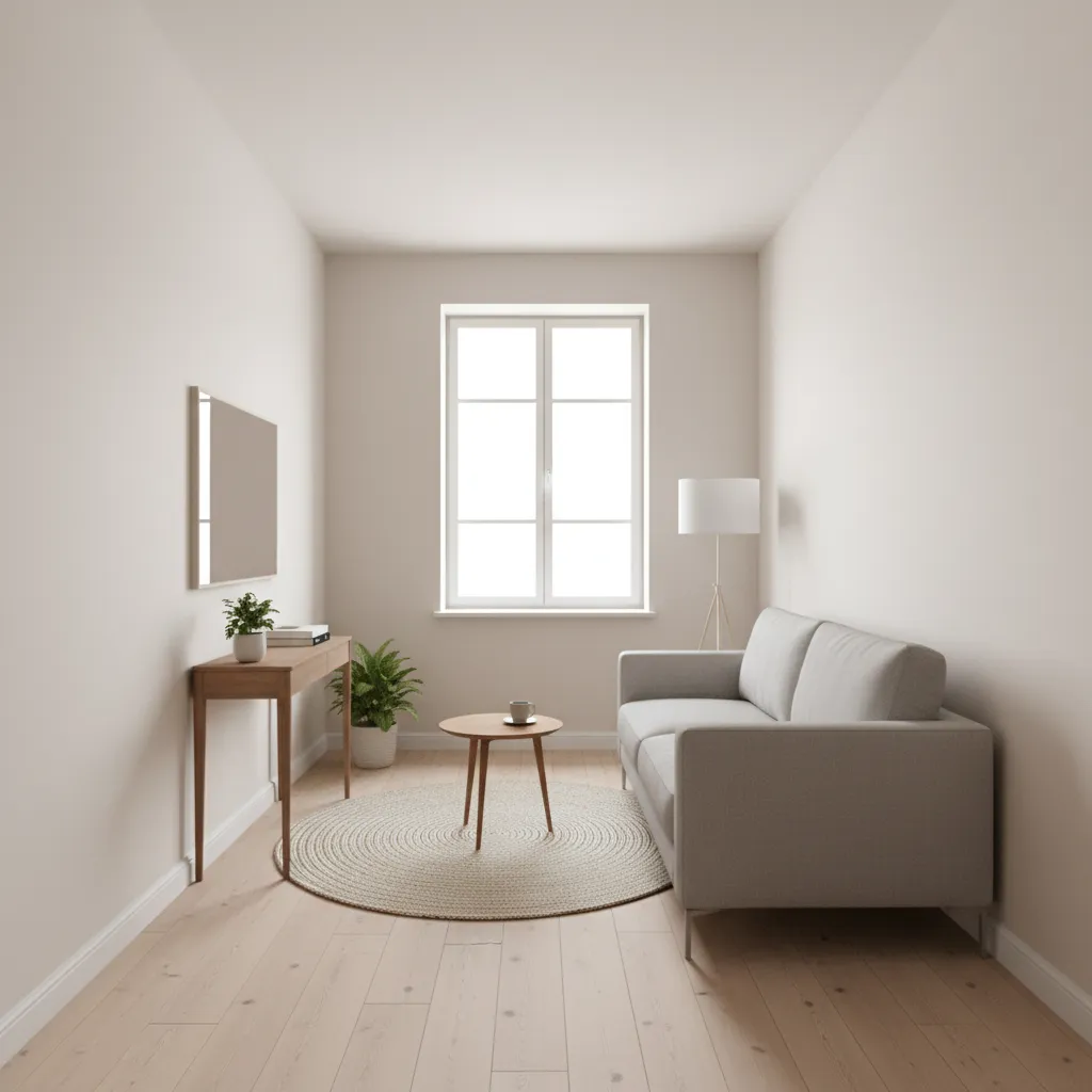 Long narrow living room interior showing compact furniture layout