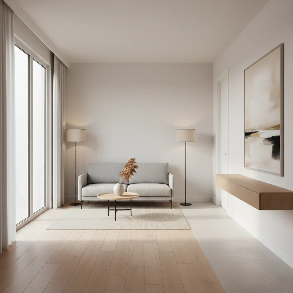 example layout of a long narrow living room with sofa and walkway path