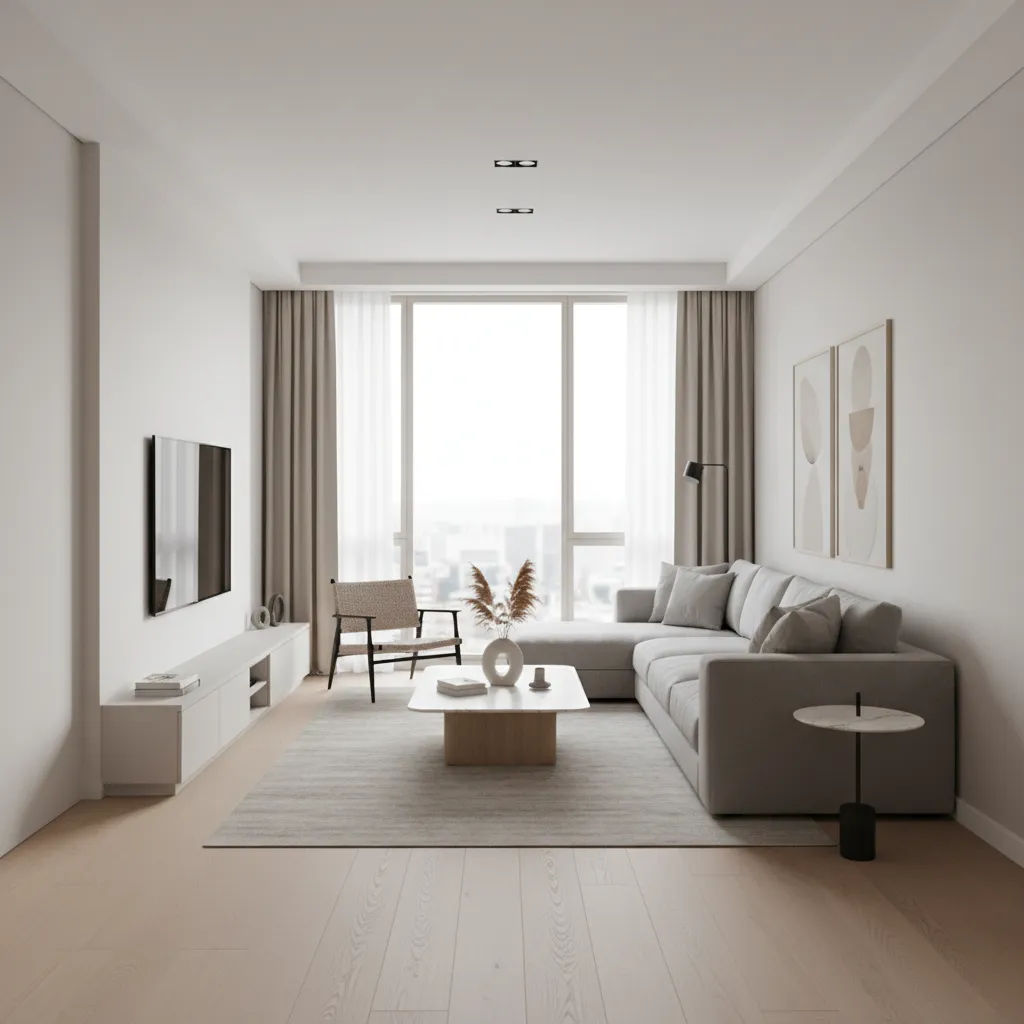 Example of a long narrow living room showing extended proportions and seating area