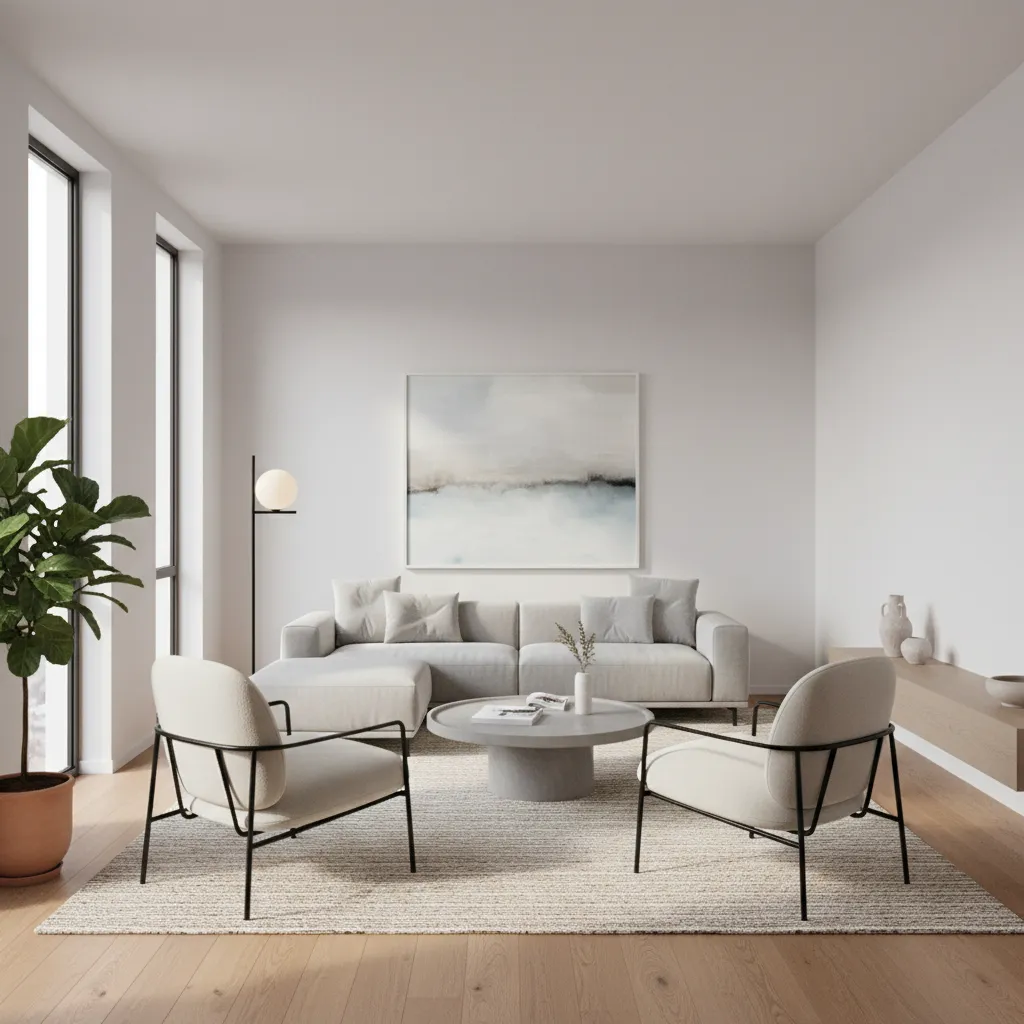 Example seating arrangement for a long narrow living room