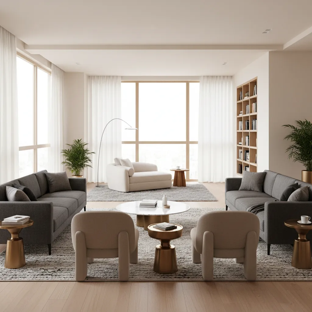 long narrow living room divided into two functional seating zones