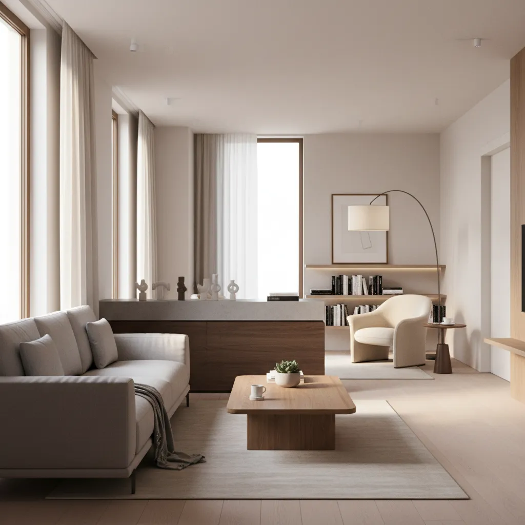 long narrow living room divided into seating zone and reading corner